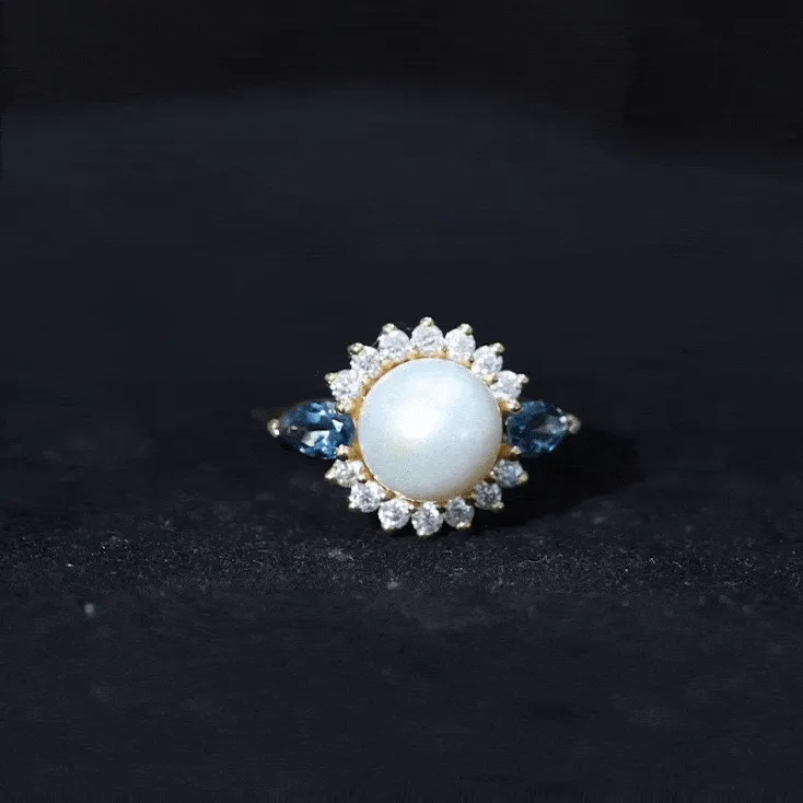 8.50 CT Freshwater Pearl Solitaire Ring with London Blue Topaz and Moissanite Halo