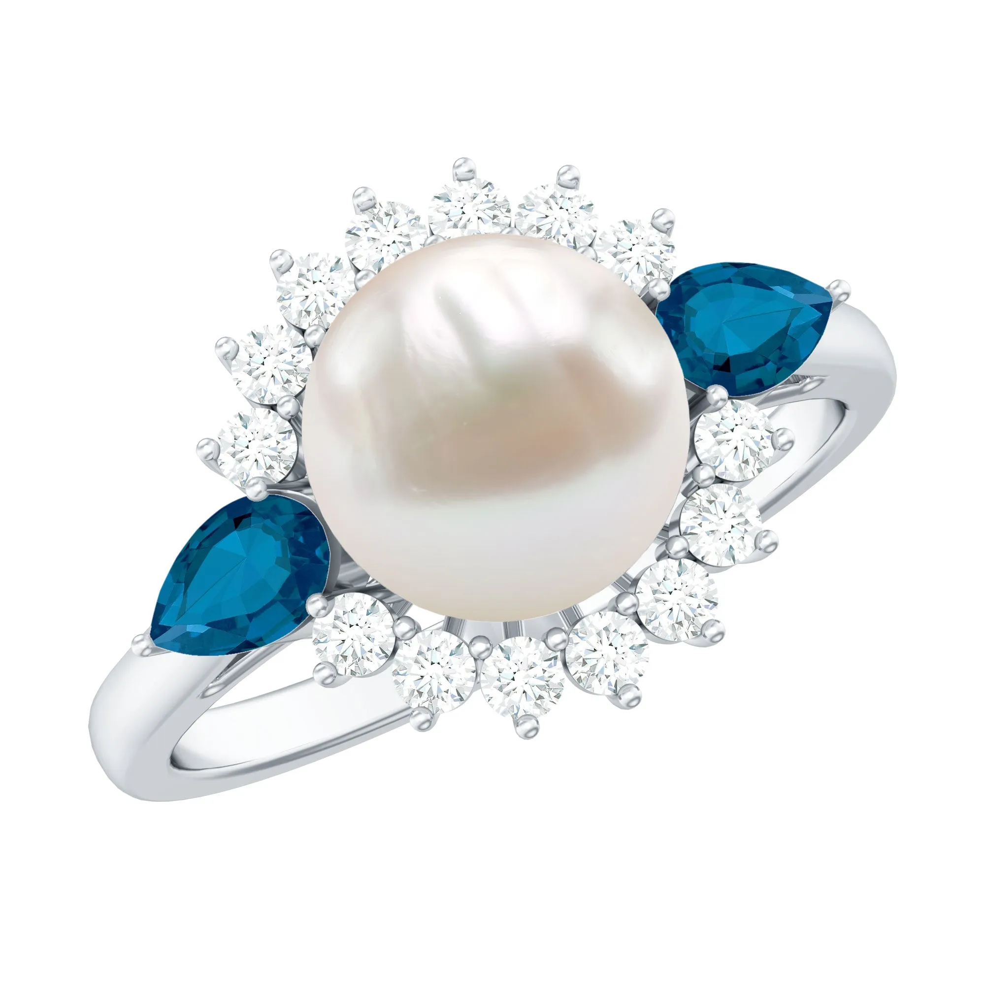 8.50 CT Freshwater Pearl Solitaire Ring with London Blue Topaz and Moissanite Halo