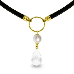 9 Carat 14K Solid Yellow Gold Leather Necklace Pearl White Topaz