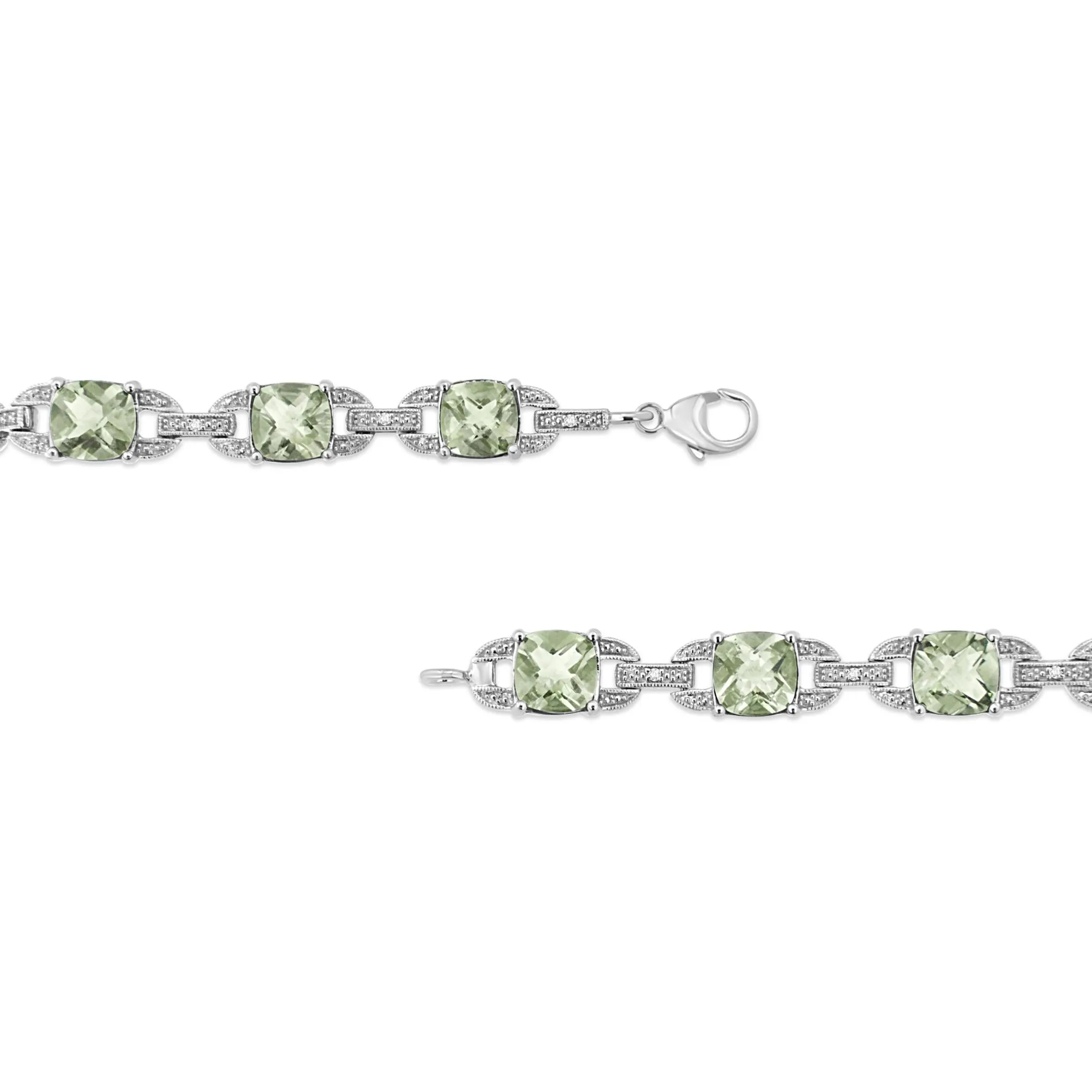 .925 Sterling Silver 7x7 mm Cushion Cut Green Amethyst and 1/20 cttw Round Cut Diamond Fashion Tennis Bracelet (I-J Color, I1-I2 Clarity) - 7"