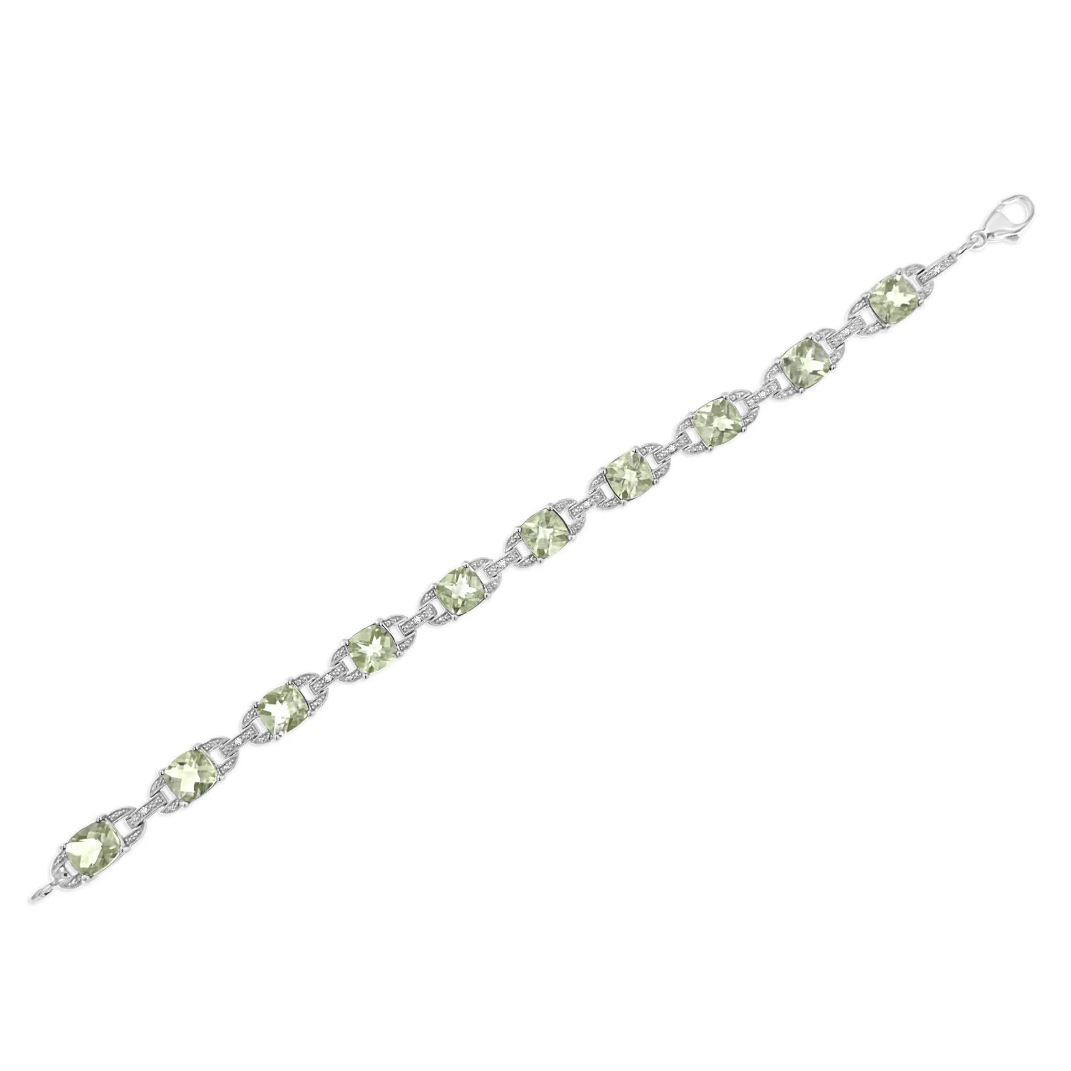 .925 Sterling Silver 7x7 mm Cushion Cut Green Amethyst and 1/20 cttw Round Cut Diamond Fashion Tennis Bracelet (I-J Color, I1-I2 Clarity) - 7"