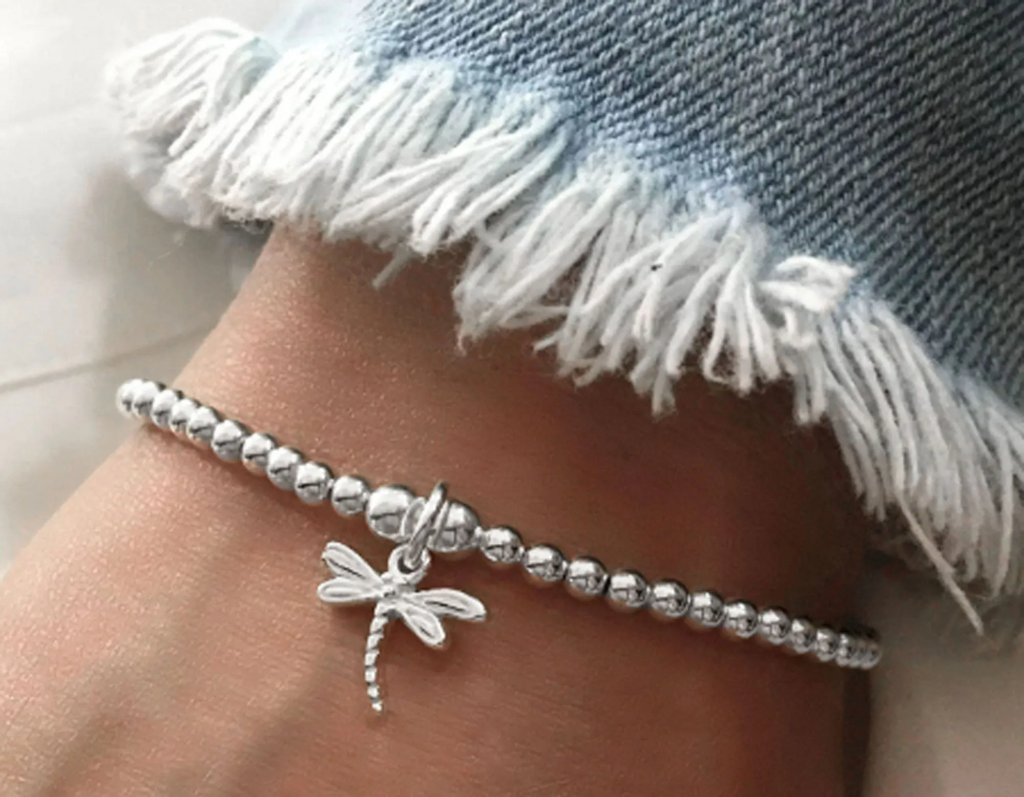 925 Sterling Silver Stretch Dragonfly Charm Bracelet, Dragonfly Bracelet, Silver Charm Bracelet