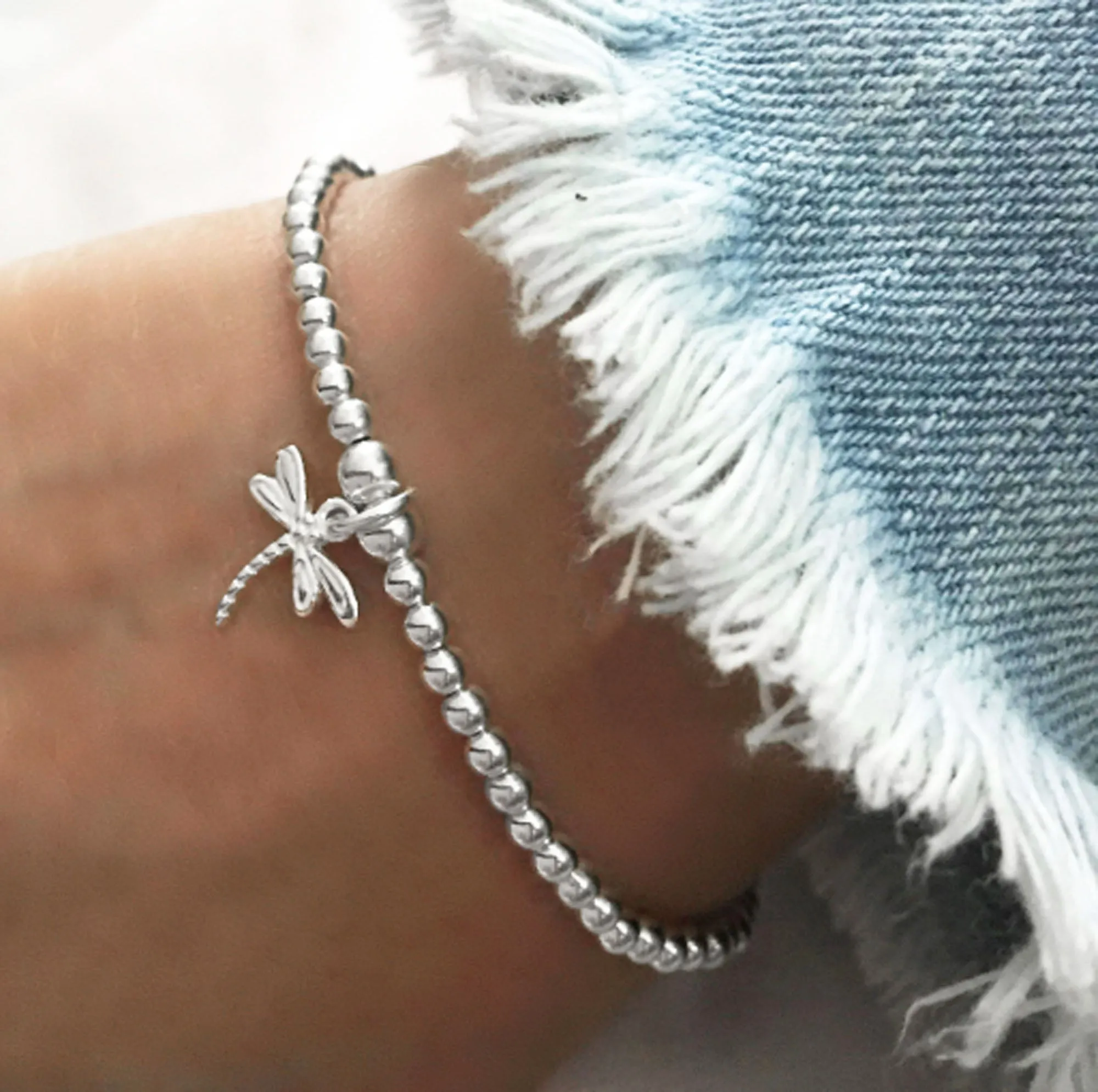 925 Sterling Silver Stretch Dragonfly Charm Bracelet, Dragonfly Bracelet, Silver Charm Bracelet