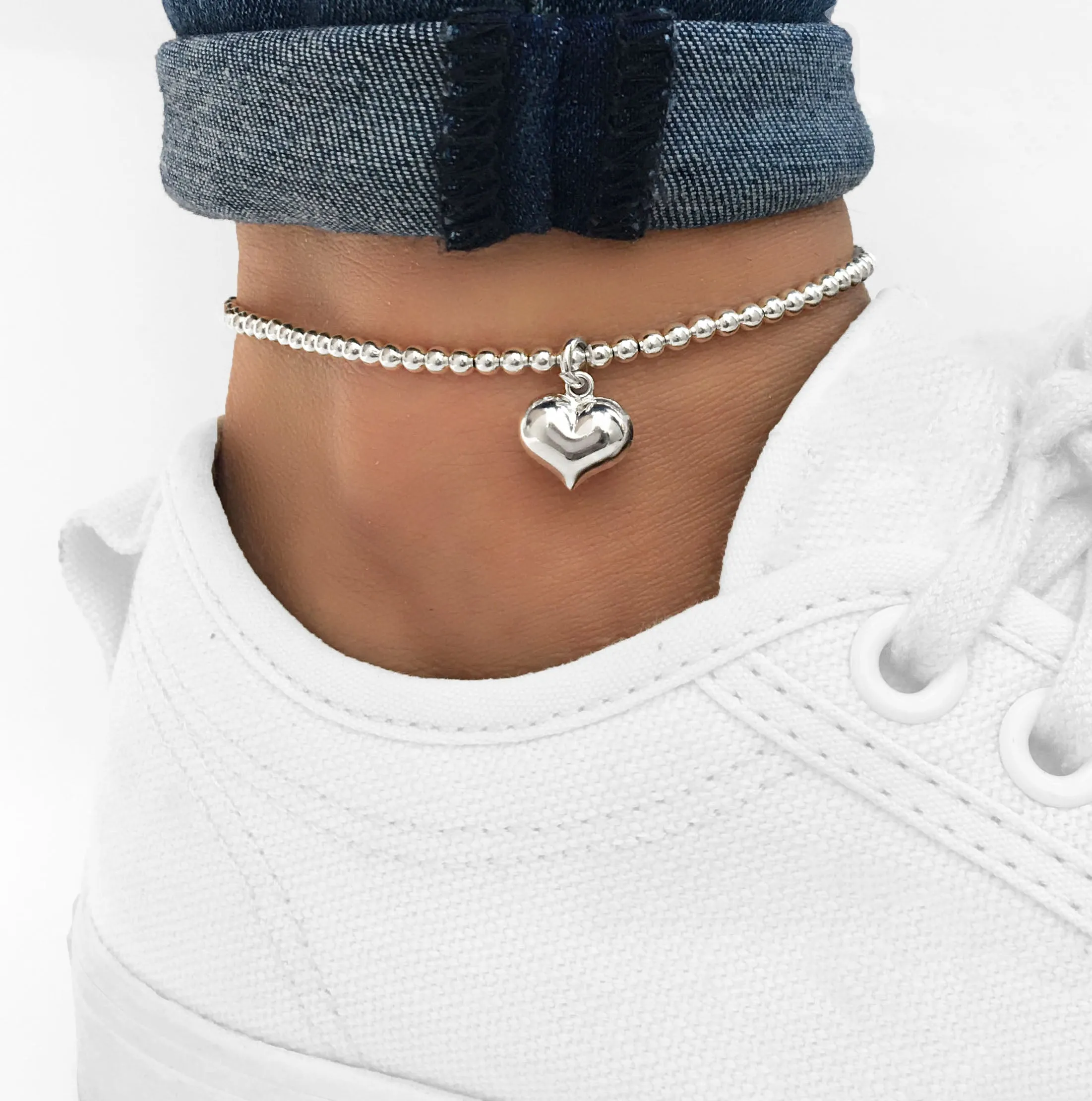 925 Sterling Silver Stretch Large Heart Anklet, Sterling Silver Anklet, Anklet, Silver Heart Anklet