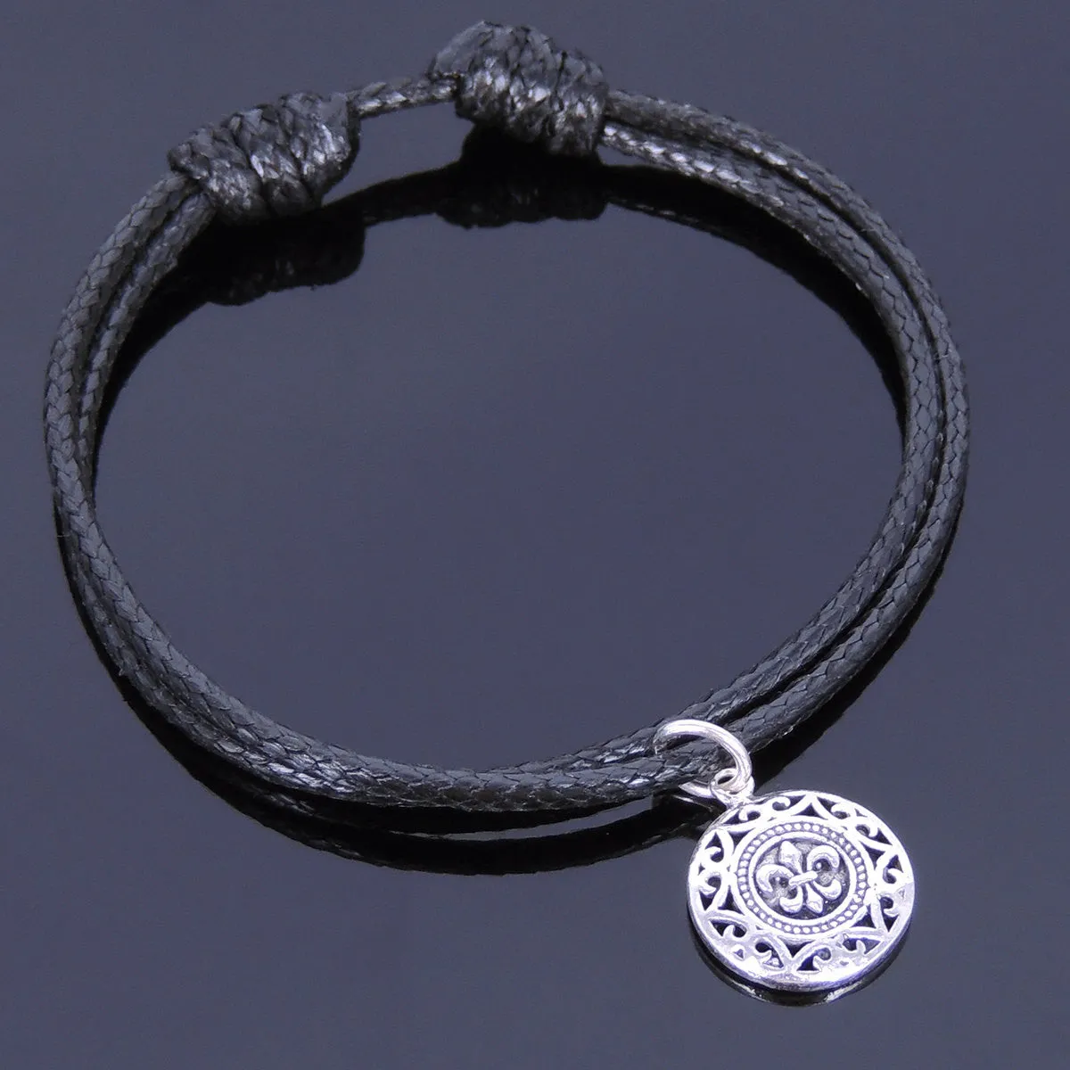 925 Sterling Silver Vintage Fleur de Lis Pendant Handmade Adjustable Wax Rope Bracelet Men Women DiyNotion BR414