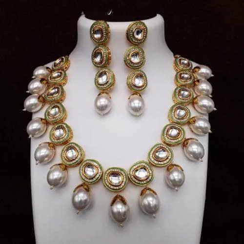 Ad Meena Kundan Pearls Necklace And Earring Set