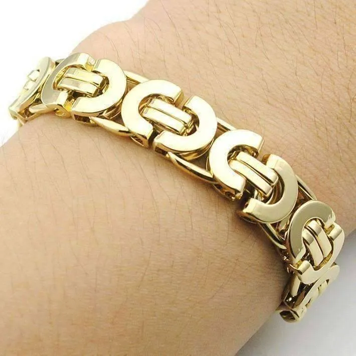 Alpha 11mm Flat Byzantine Link 18K Gold Plated or Stainless Steel Bracelet