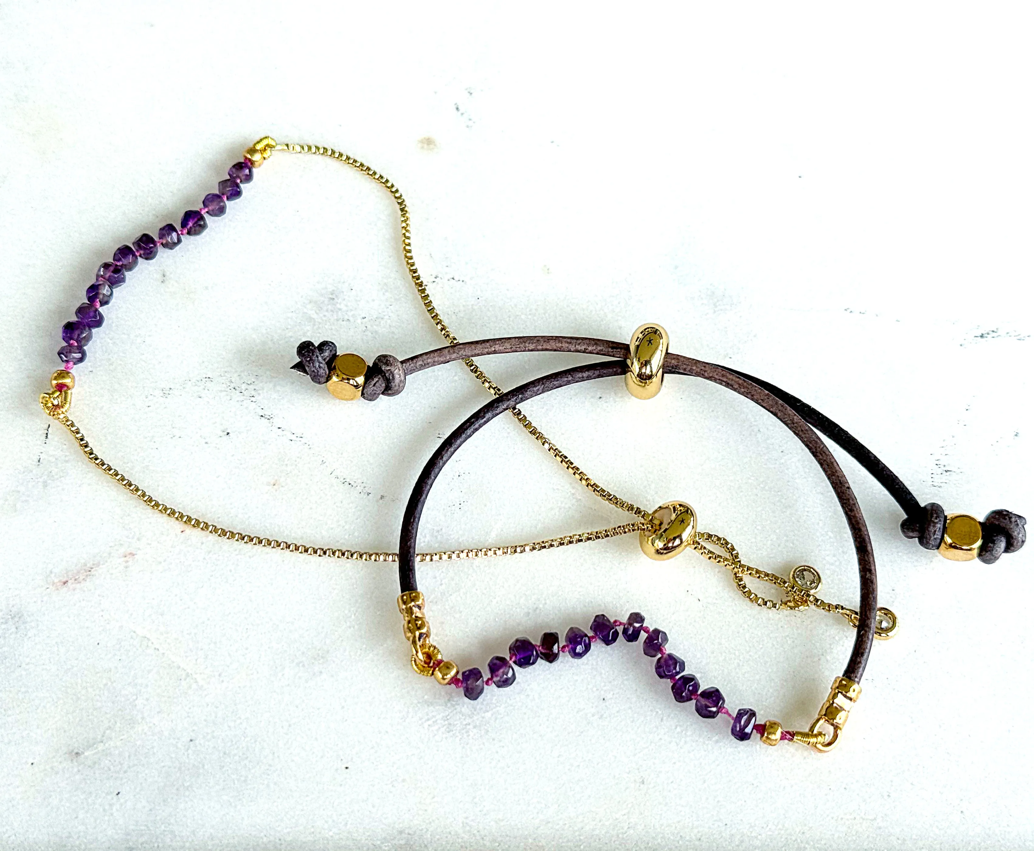 Amethyst and slide adjustable chain or leather stack bracelet