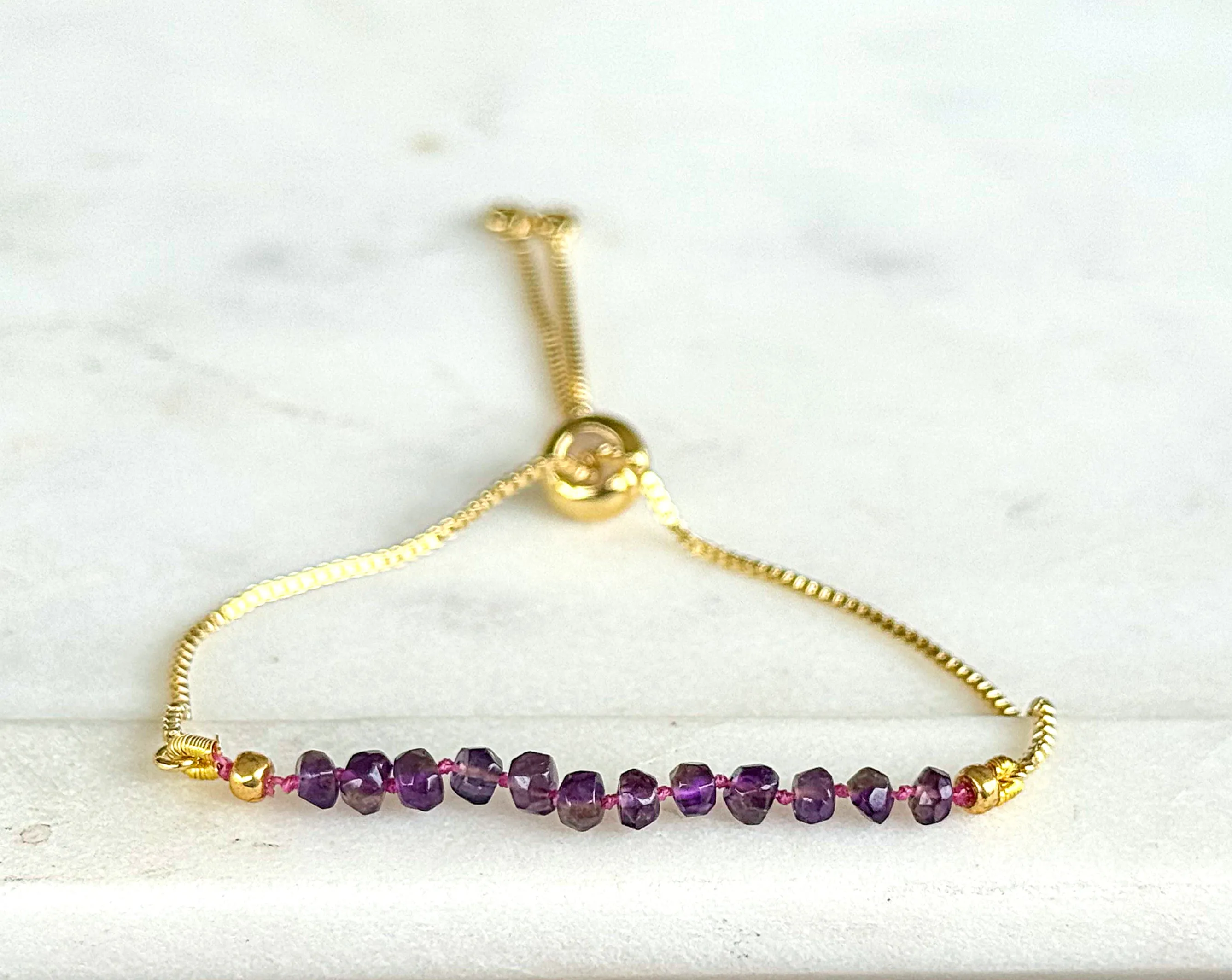 Amethyst and slide adjustable chain or leather stack bracelet