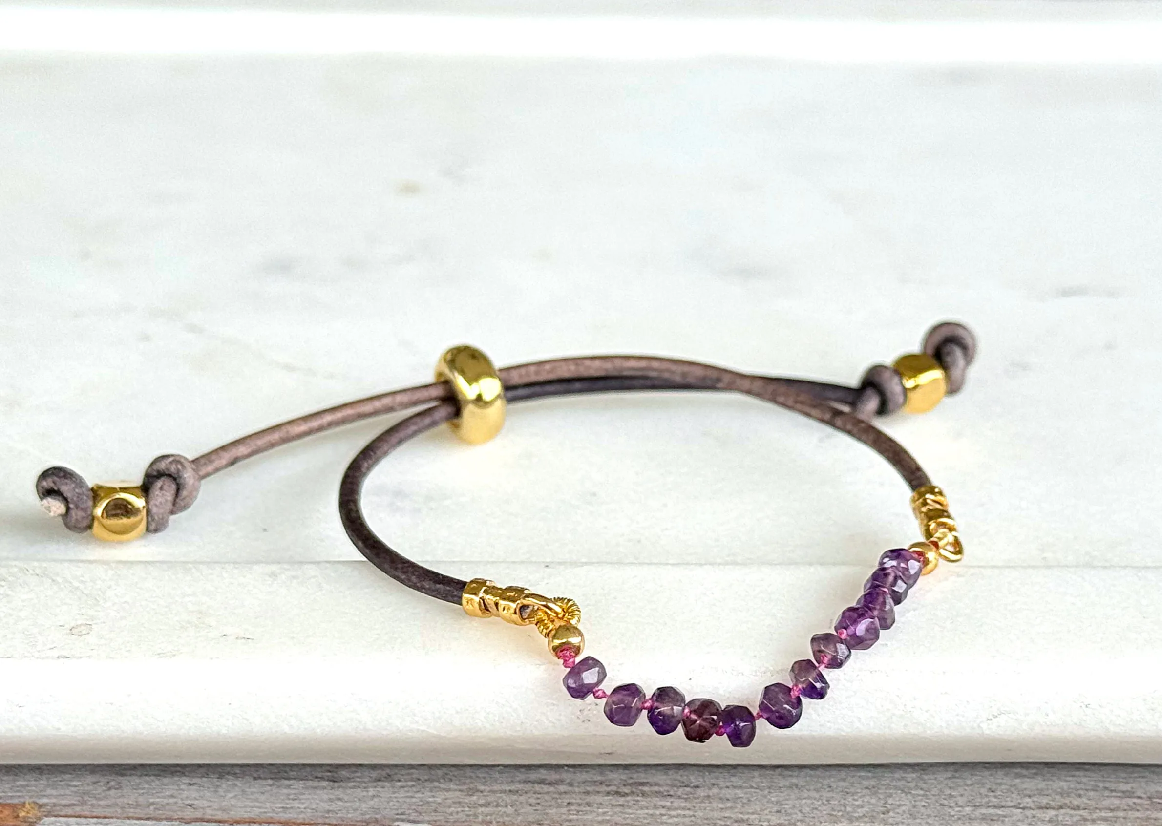 Amethyst and slide adjustable chain or leather stack bracelet