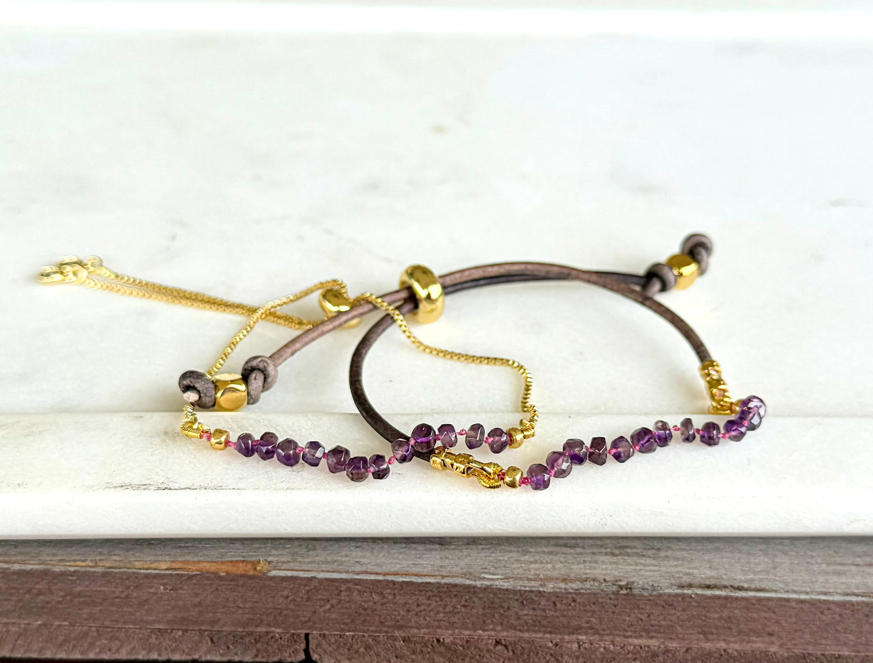 Amethyst and slide adjustable chain or leather stack bracelet