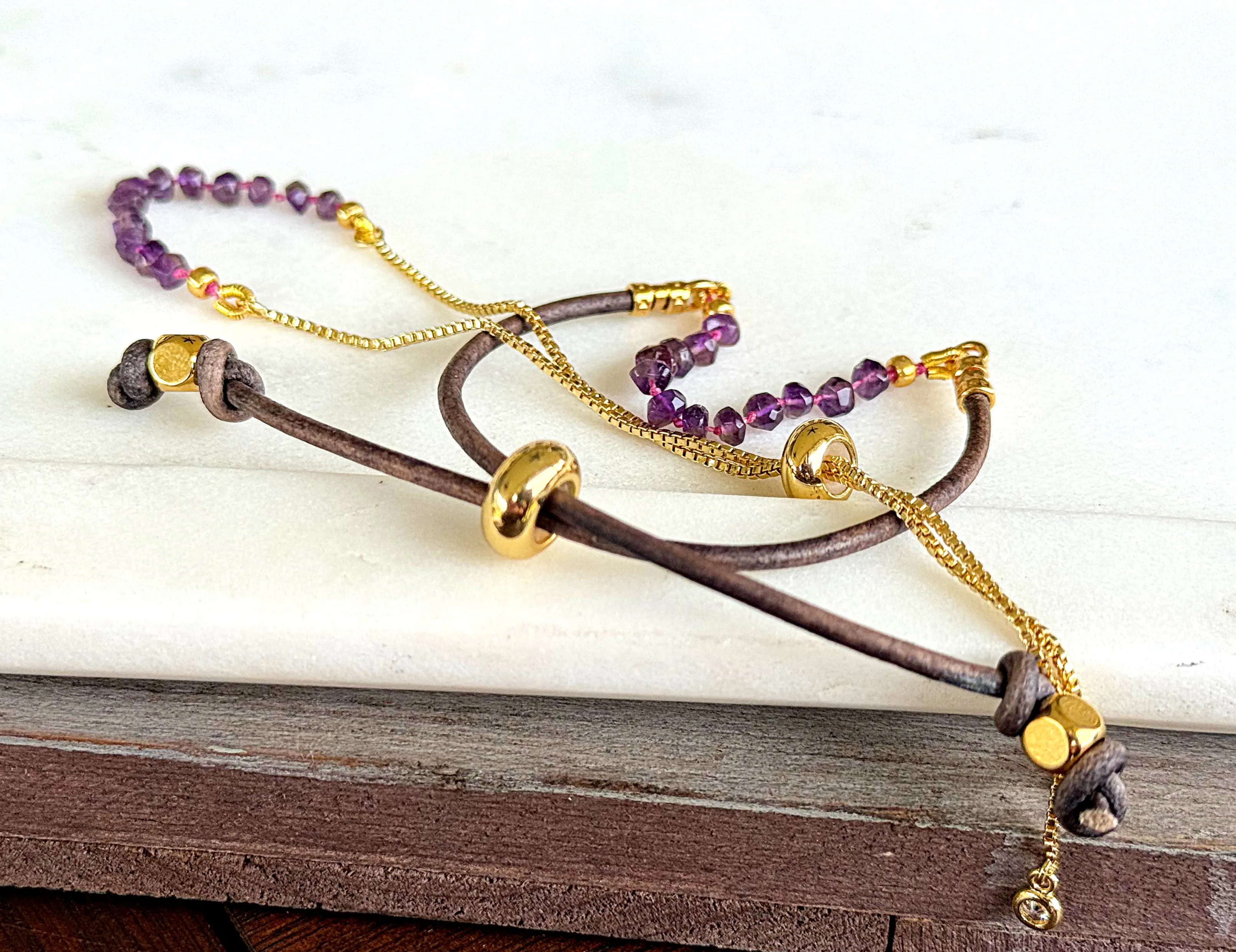 Amethyst and slide adjustable chain or leather stack bracelet