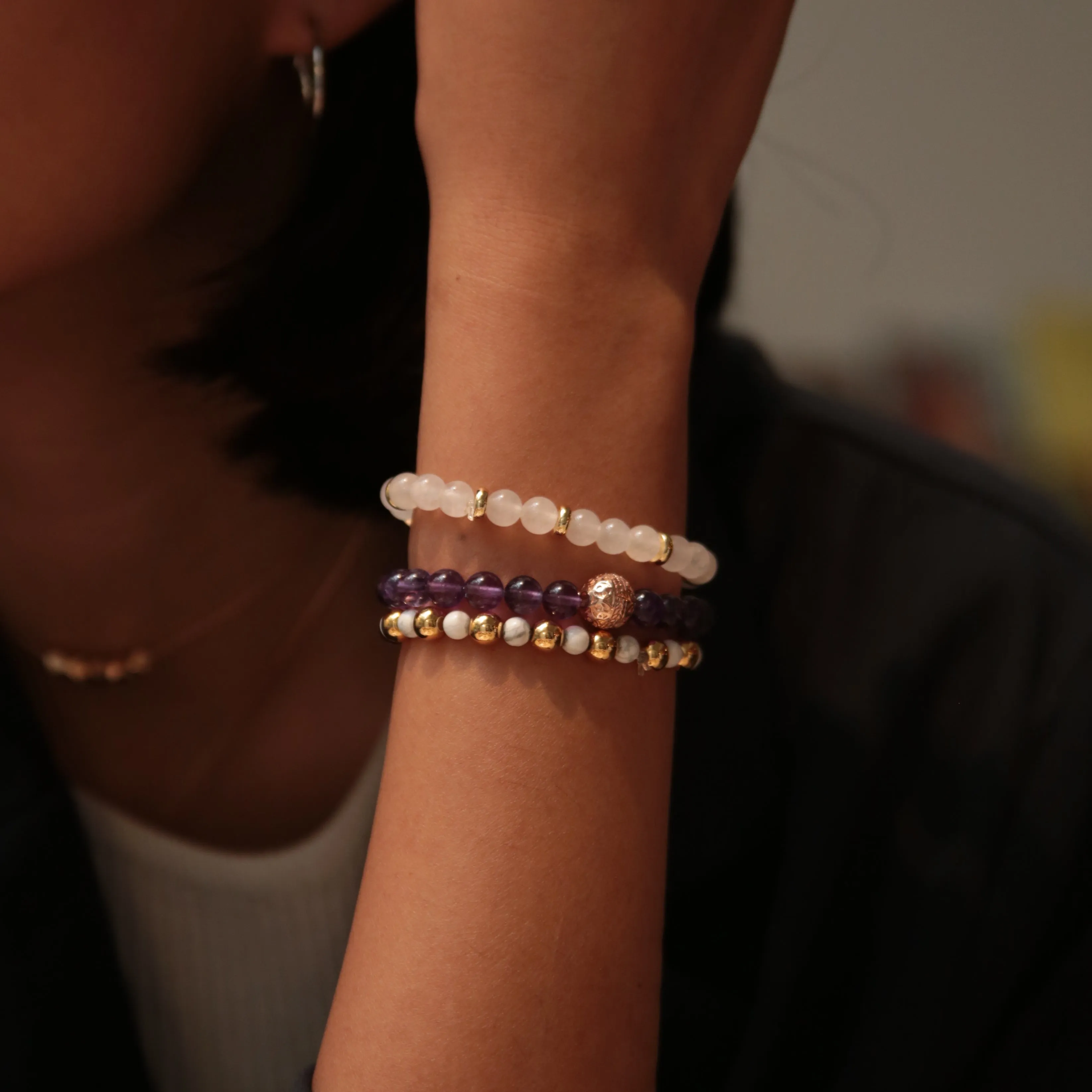 Amethyst Rose Gold Bracelet with Howlite and White Jade Bracelet