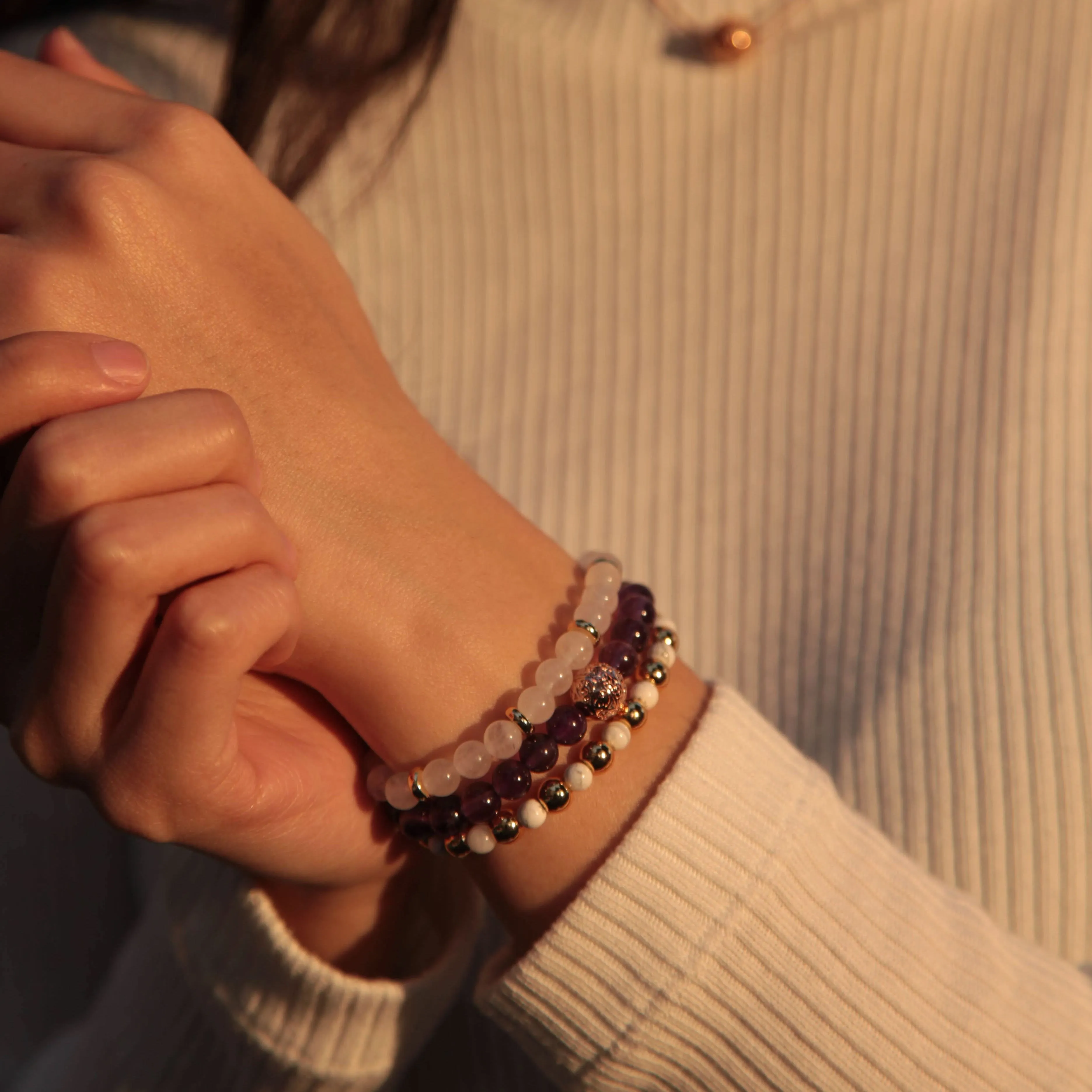 Amethyst Rose Gold Bracelet with Howlite and White Jade Bracelet