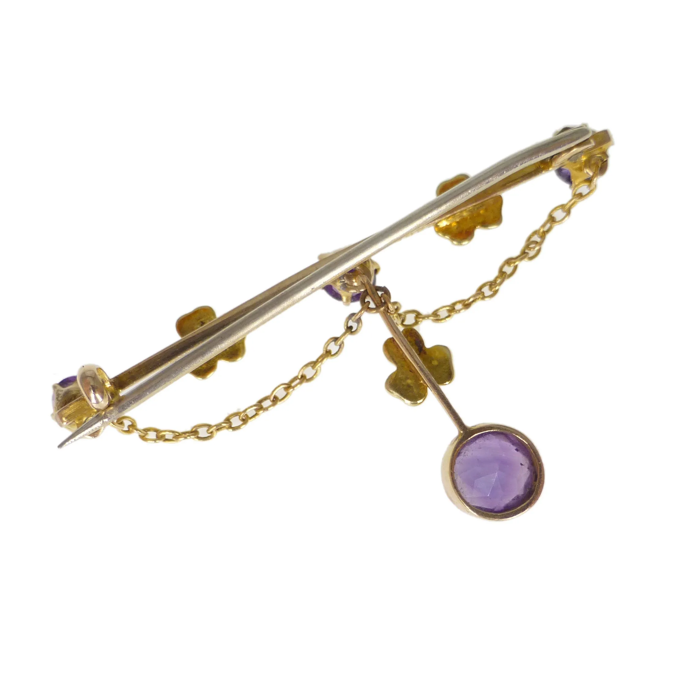 Antique Edwardian Gold Amethyst & Pearl Clover Bar Brooch