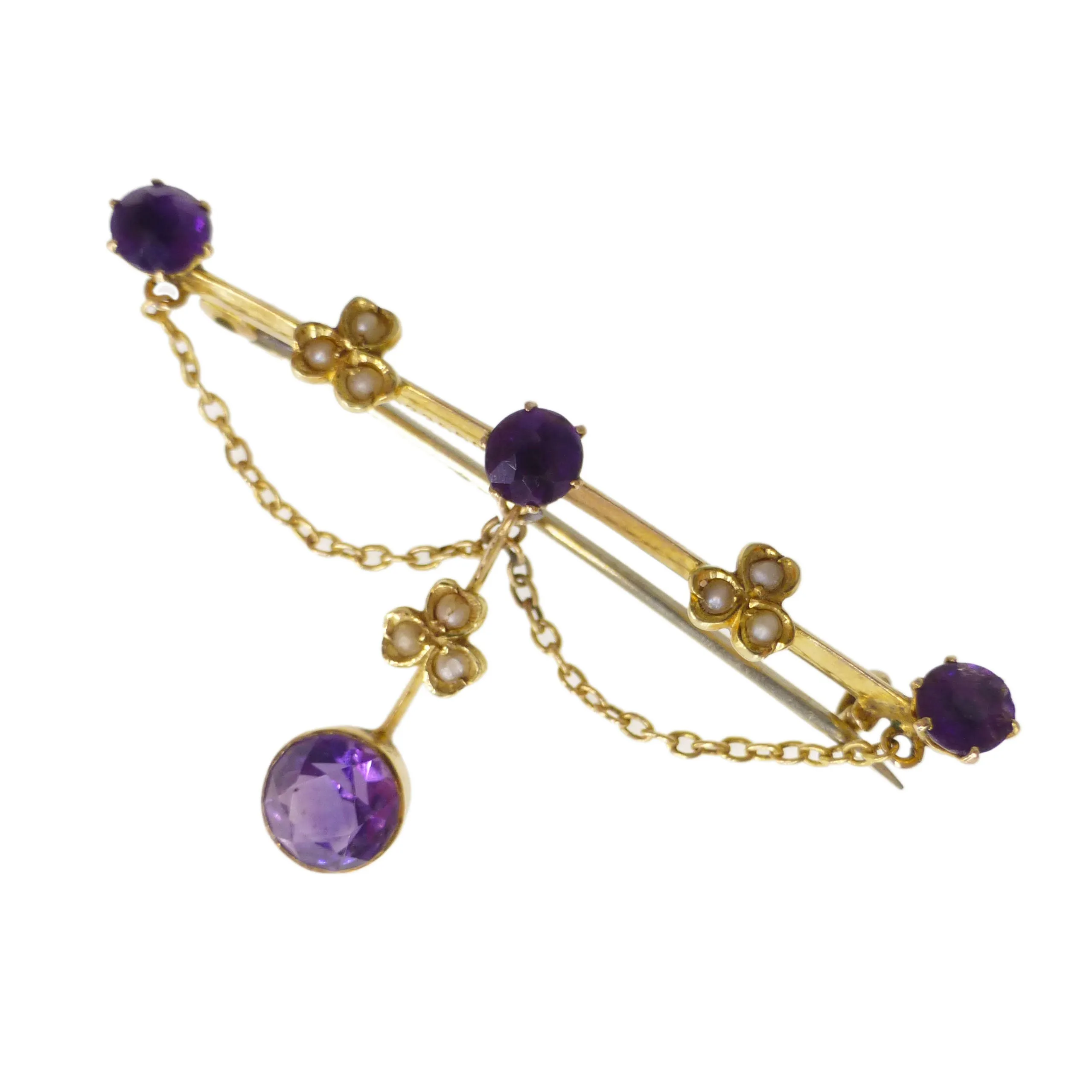 Antique Edwardian Gold Amethyst & Pearl Clover Bar Brooch