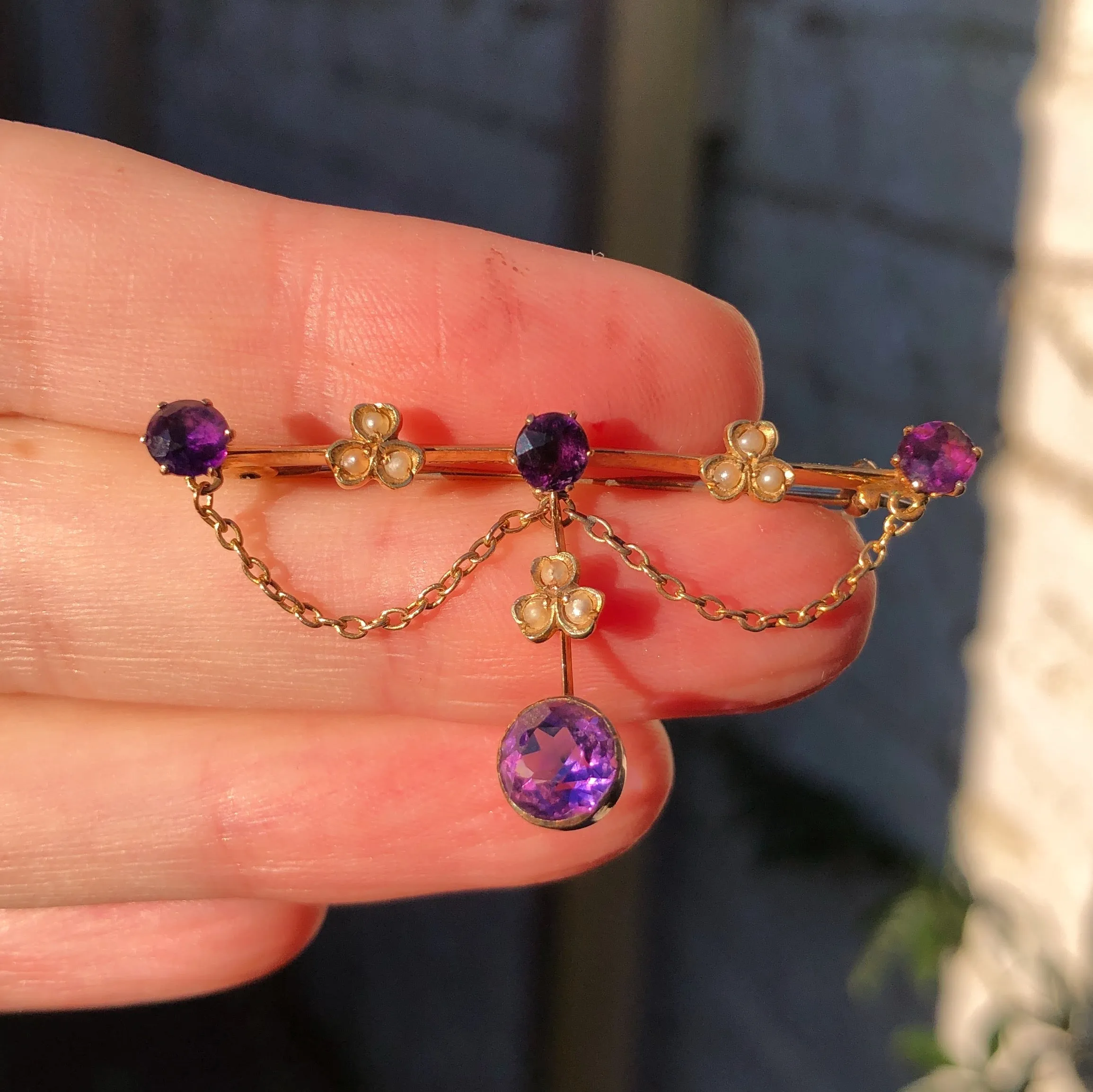 Antique Edwardian Gold Amethyst & Pearl Clover Bar Brooch