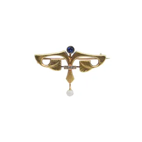 Antique Egyptian Revival Sapphire and Pearl 14k Gold Brooch