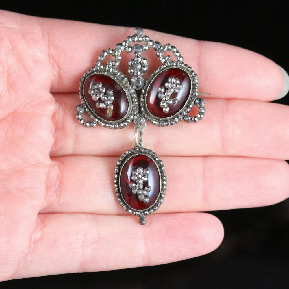 Antique Georgian Cabochon Garnet Brooch Silver Circa 1700