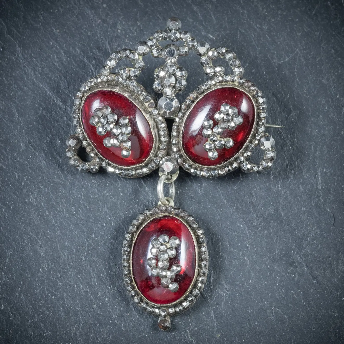 Antique Georgian Cabochon Garnet Brooch Silver Circa 1700