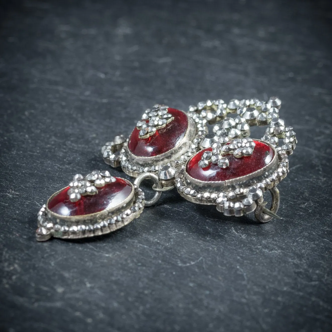 Antique Georgian Cabochon Garnet Brooch Silver Circa 1700