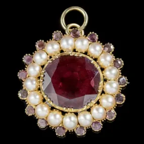 Antique Georgian Flat Cut Garnet Pearl Pendant Brooch 18Ct Gold Circa 1800