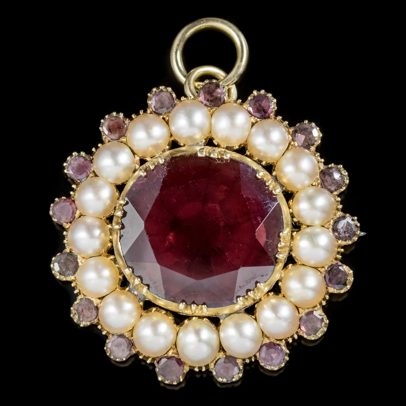 Antique Georgian Flat Cut Garnet Pearl Pendant Brooch 18Ct Gold Circa 1800