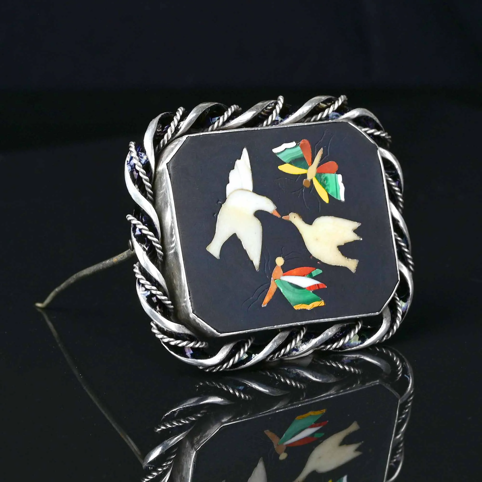 Antique Pietra Dura Brooch Doves and Butterfly