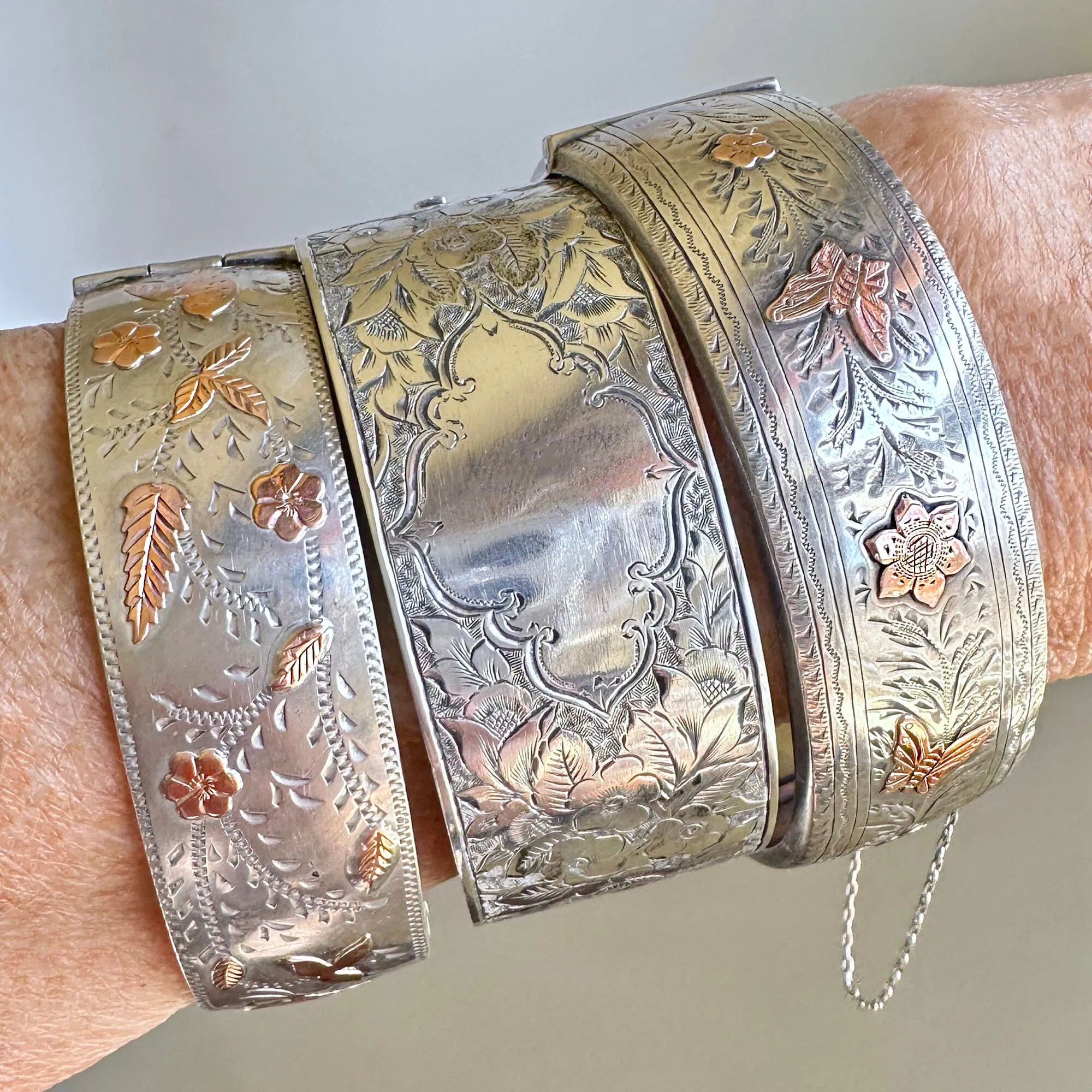 Antique Rose Gold Butterfly Wide Silver Bangle Bracelet