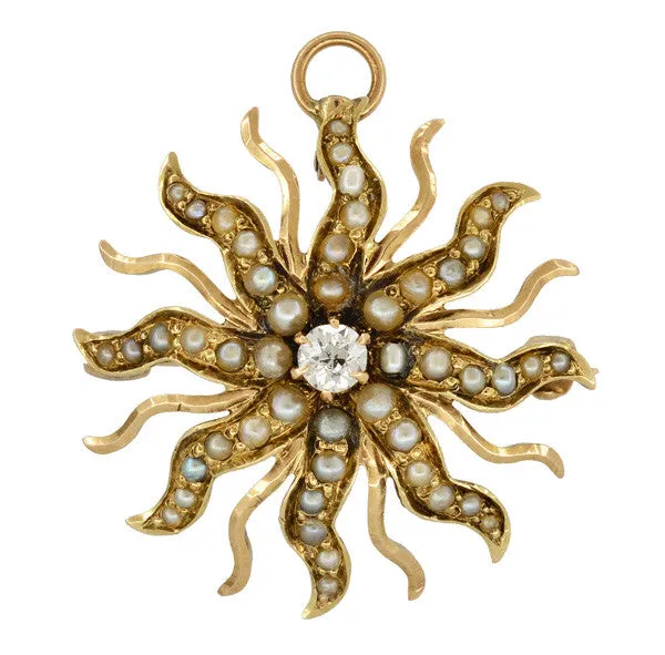 Antique Victorian Diamond and Seed Pearl Sunburst Pendant Brooch in 14 Karat Gold