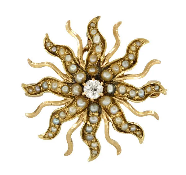 Antique Victorian Diamond and Seed Pearl Sunburst Pendant Brooch in 14 Karat Gold