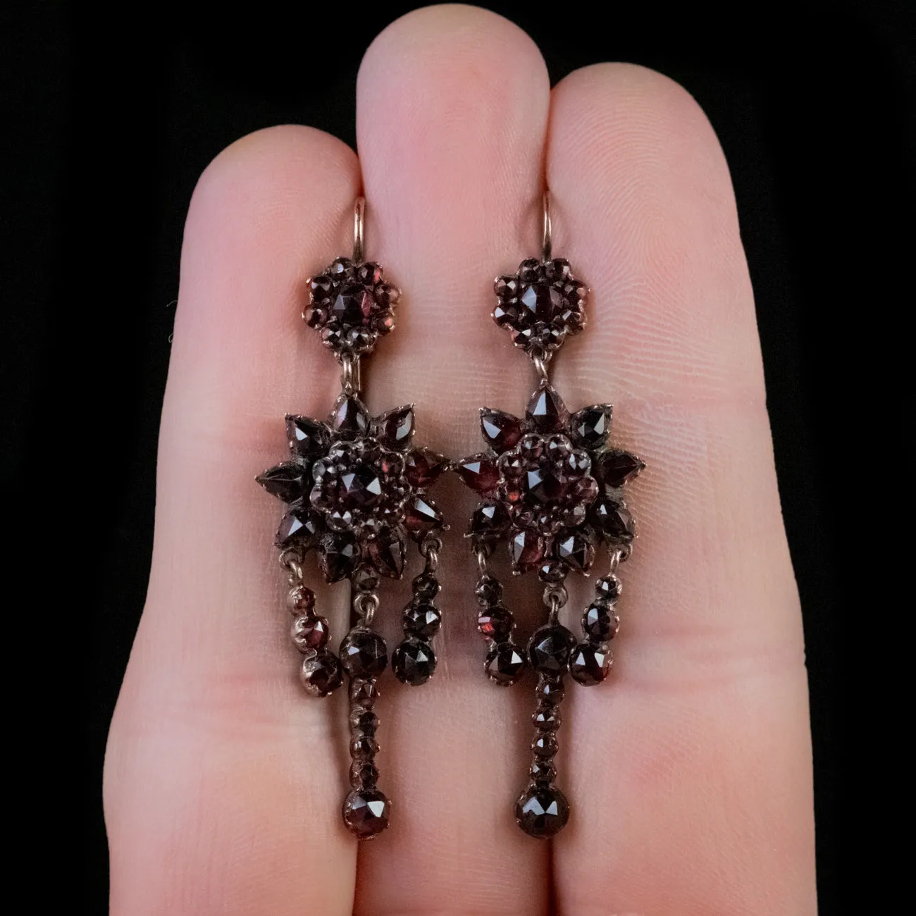 Antique Victorian Garnet Long Earrings Garnet Gold Circa 1890