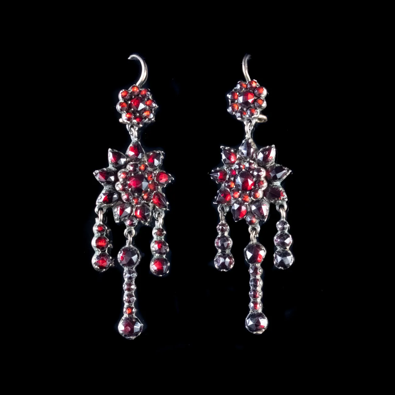 Antique Victorian Garnet Long Earrings Garnet Gold Circa 1890