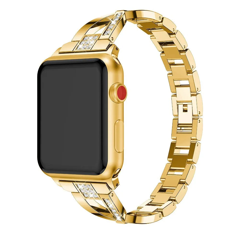 Apple Watch (38/40/SE/41/42mm) Formet Stål Rem m. Rhinsten - Guld