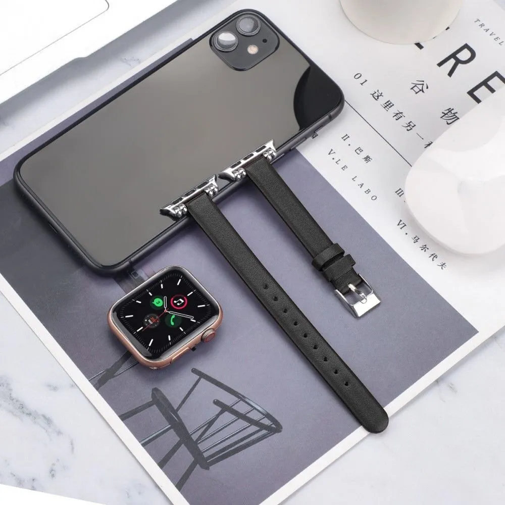 Apple Watch (45mm) simple genuine leather watch strap - Black / Size: L