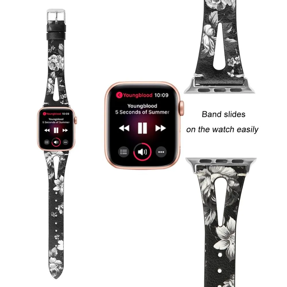 Apple Watch (45mm) top layer cowhide genuine leather watch strap - Grey Flower