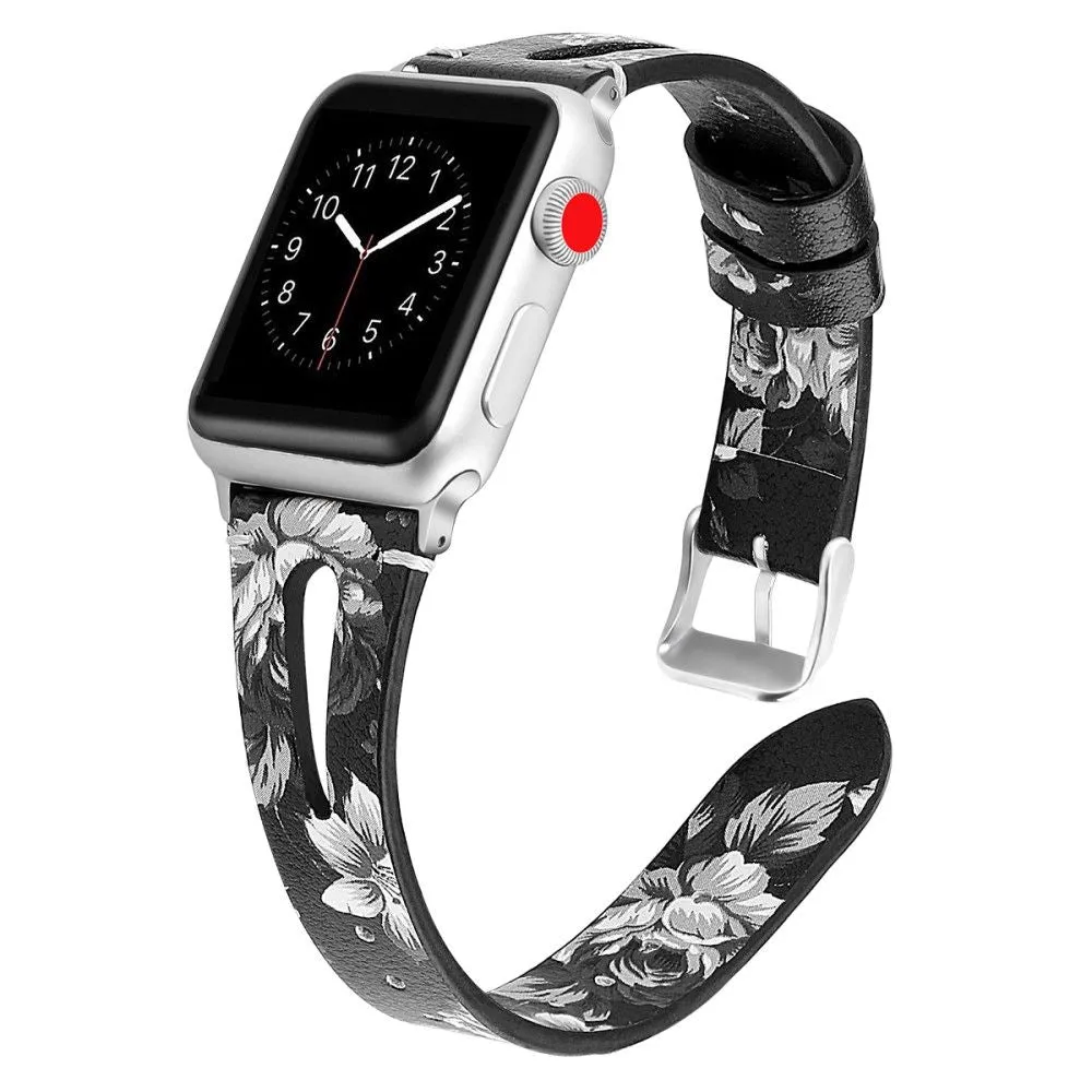 Apple Watch (45mm) top layer cowhide genuine leather watch strap - Grey Flower