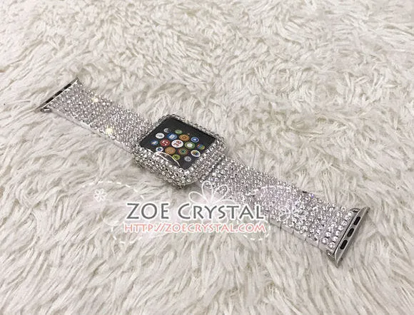 Apple Watch Bling BEDAZZLED Clear white Swarovski Crystal Case Protector Cover Luxury with a White Rhinestone iWatch Band Strap