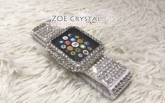 Apple Watch Bling BEDAZZLED Clear white Swarovski Crystal Case Protector Cover Luxury with a White Rhinestone iWatch Band Strap