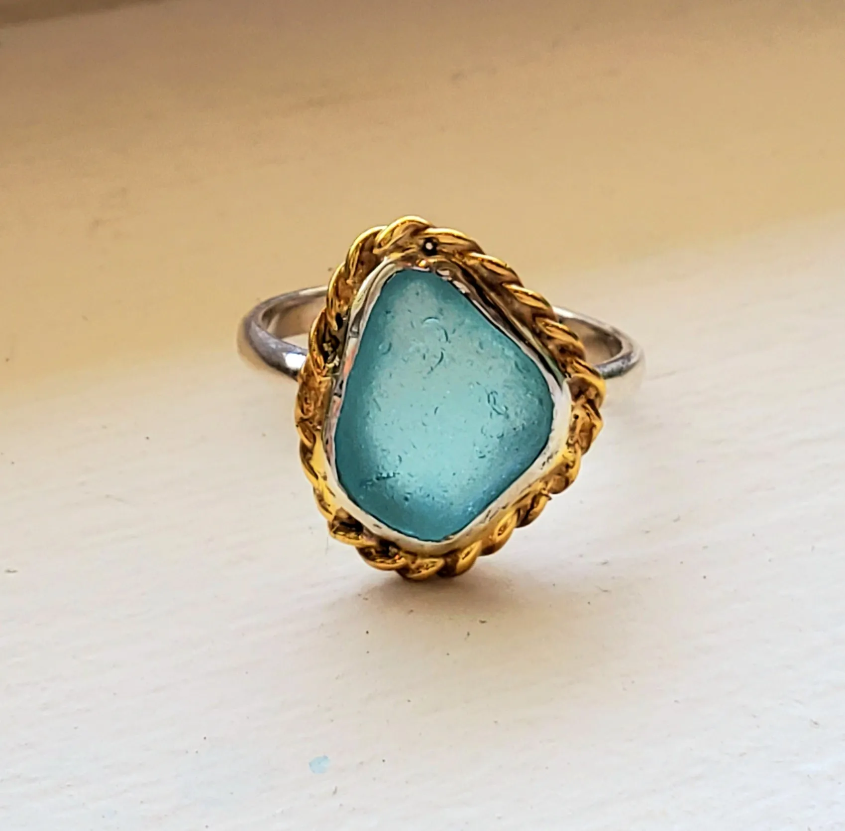 Aqua Blue Sea Glass Ring Sterling Silver and Gold Ring