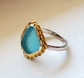 Aqua Blue Sea Glass Ring Sterling Silver and Gold Ring