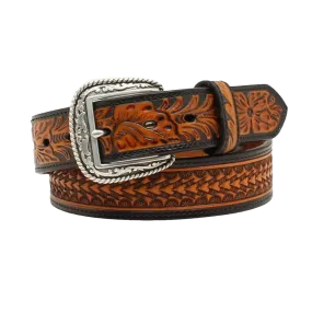 Ariat Men's Arrowhead Embossed Floral Tabs Black & Tan Leather Belt