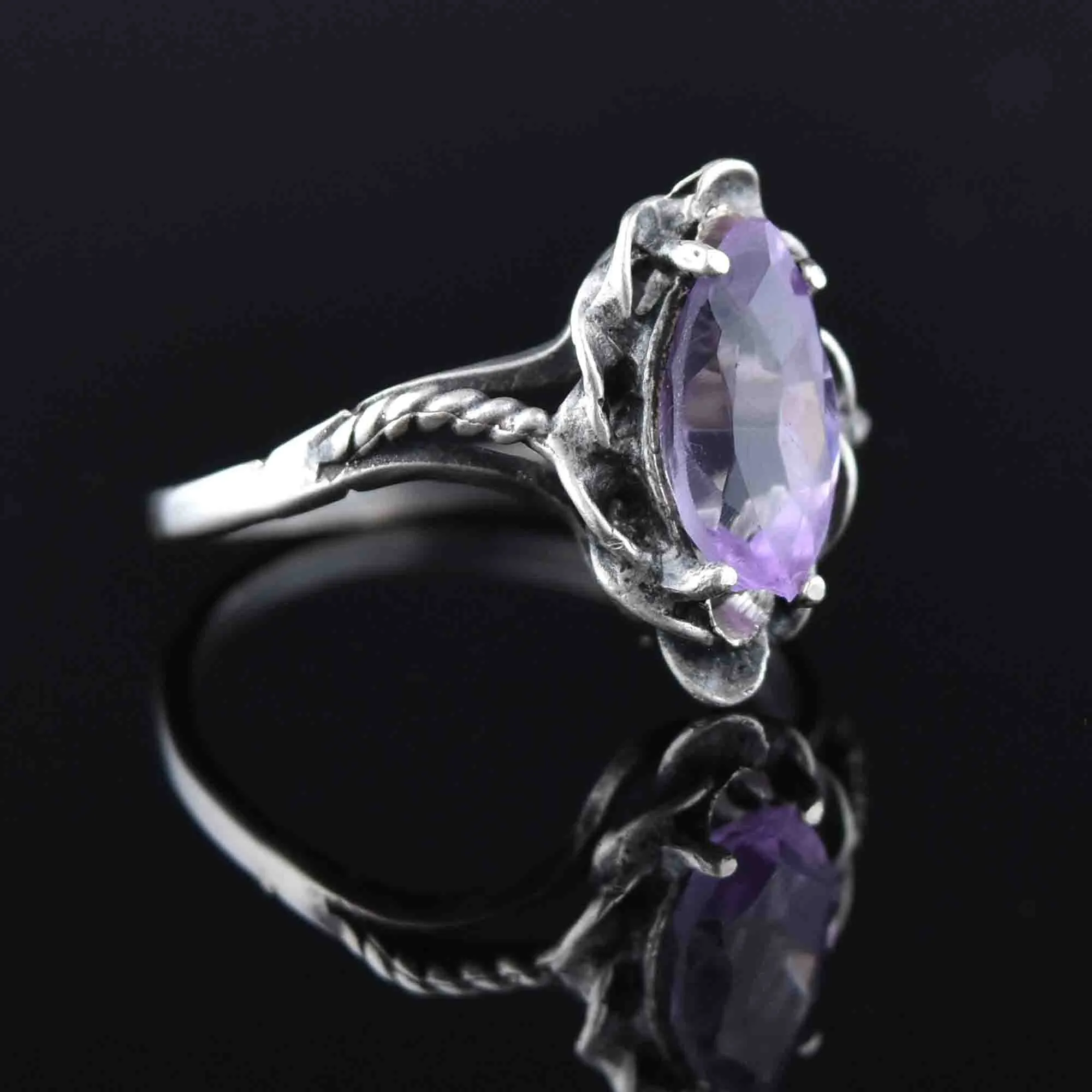 Arts and Crafts Style Silver Rope Amethyst Statement Ring