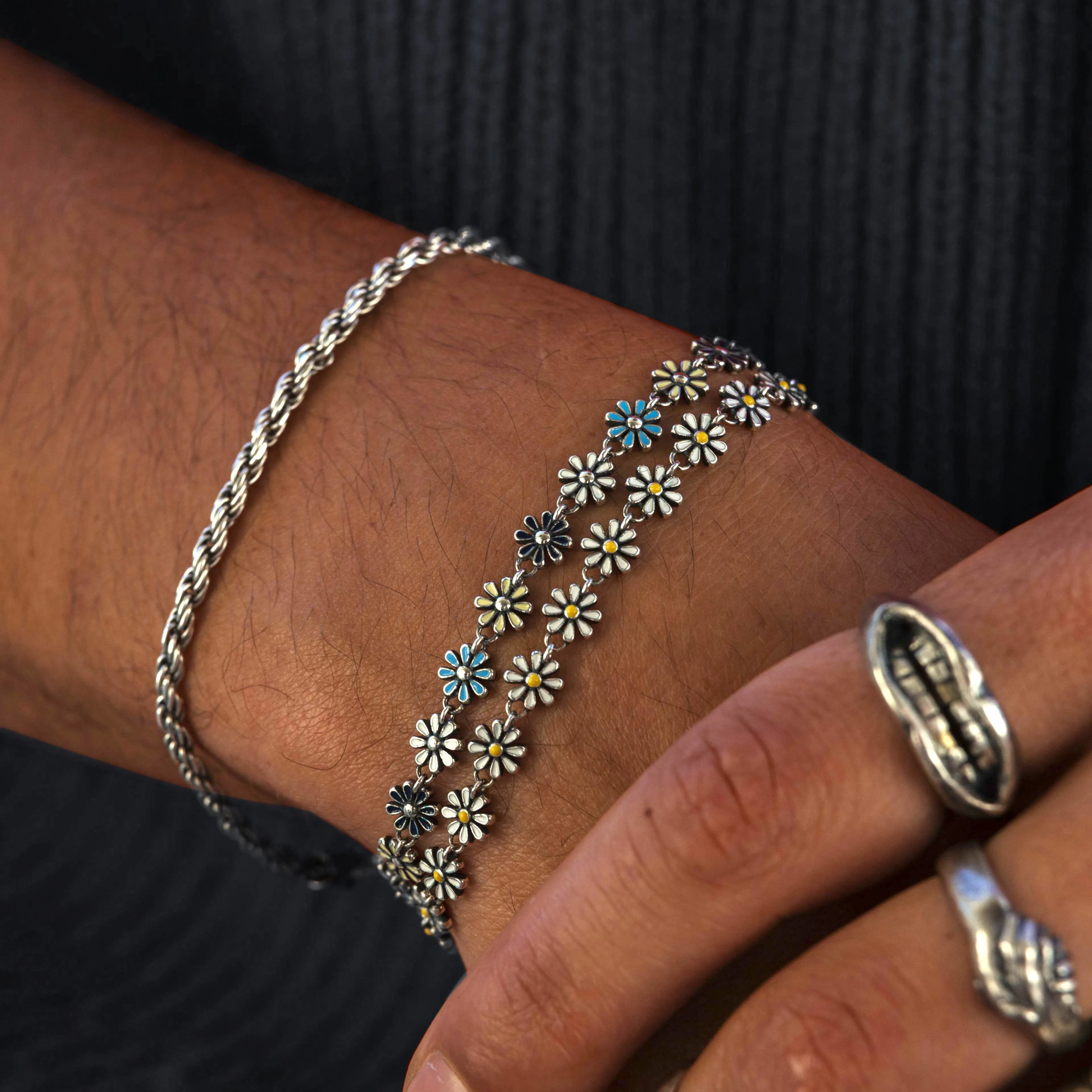 Assorted Daisy Sterling Silver Chain Bracelet