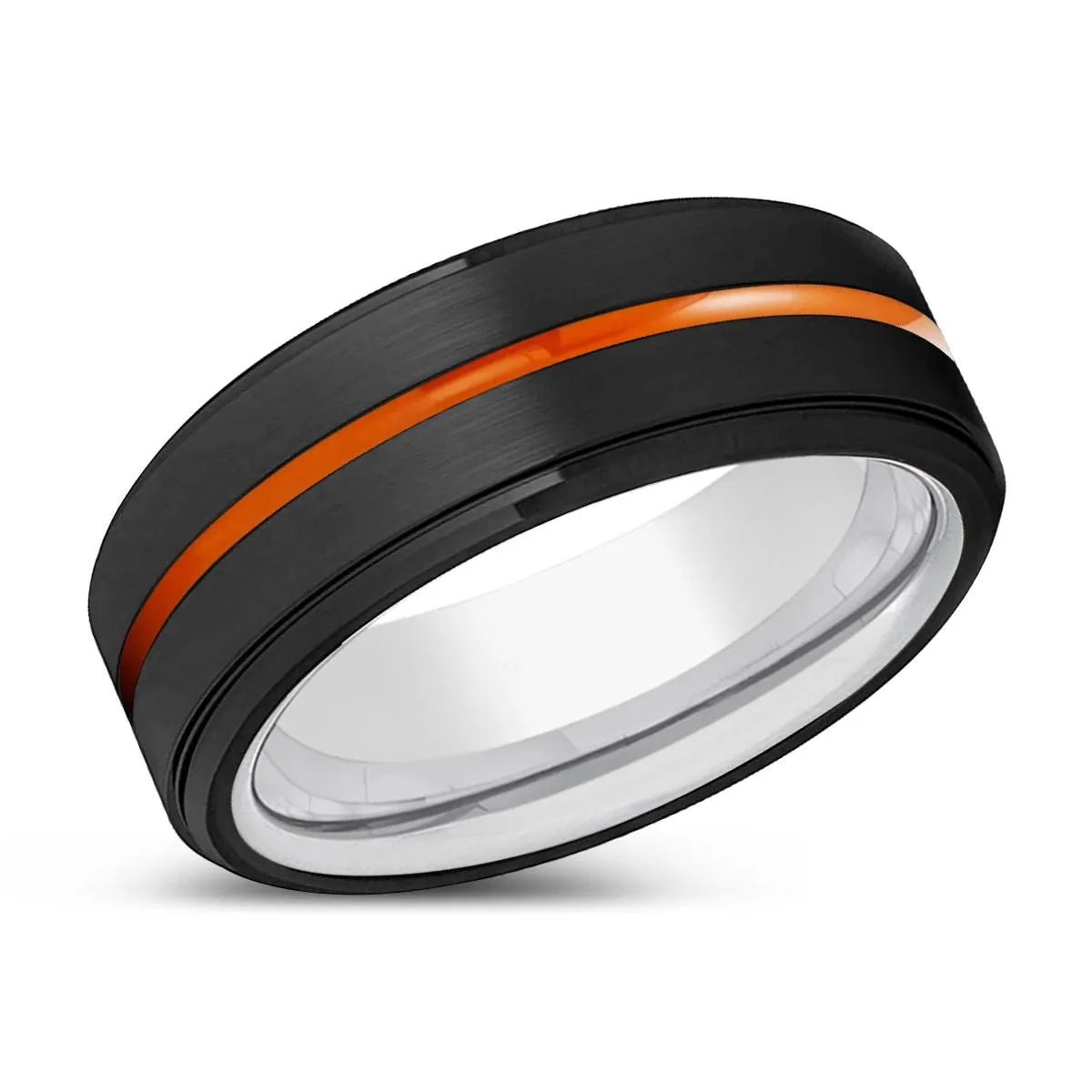 AUGUSTA | Silver Ring, Black Tungsten Ring, Orange Groove, Stepped Edge