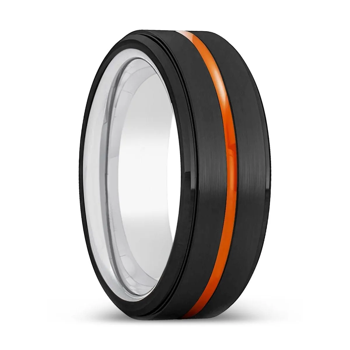 AUGUSTA | Silver Ring, Black Tungsten Ring, Orange Groove, Stepped Edge