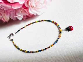 Beaded Anklet/ Ladybug Anklet- Adjustable Anklet