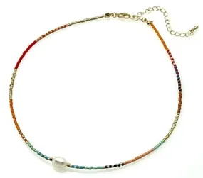 Beaded Necklace with Freshwater Pearl Pendant - Multi Colors