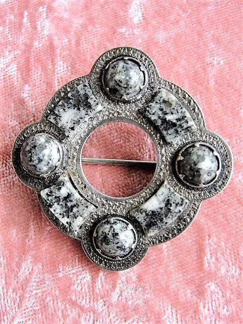 BEAUTIFUL Antique Scottish Sterling Silver and Granite Stones Brooch,Outlander Scottish Jewelry, Victorian Jewelry,Antique Scottish Brooch