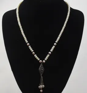 Beautiful Vintage Art Deco White and Pink Pearl Sterling Silver Marcasite Pendant Necklace